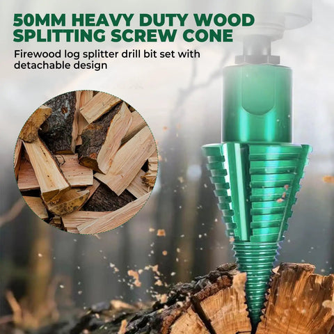 50 mm Log Splitting Drill Bit With Smooth Sail Anti Jam Core And Quick Swap Detachable Head cutting through wood with chip debris.