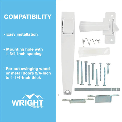 Push Button Door Latch for Screen and Storm Doors White No Lock Out Tech Durable Build for Out Swinging Metal or Wood Doors 0.75 To 1.25 Inch Thick Easy Install and Everyday Convenience