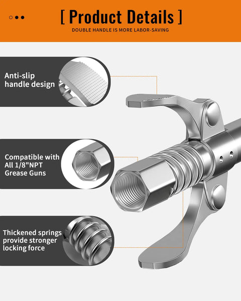 Heavy Duty Grease Gun Coupler With Six Lobed Locking Jaws And Gasket, Dual Handle Quick Release For One Eighth Inch NPT Ends