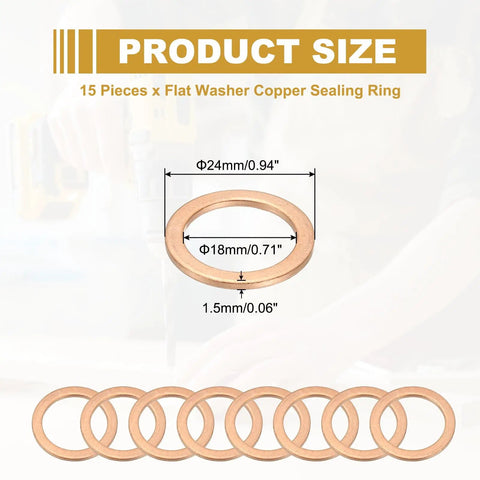 Copper Crush Washers Go To Set Heavy Duty 15 Pieces 24Mm OD 18Mm ID 1.5Mm Thick Sealing Gaskets For Screws Bolts Sump Plugs Oil Drain Leak Proof Flat Seals For Automotive And Machinery Use, 24x18x1.5mm copper washer shown