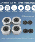 Beefy Heavy Duty Trailer Axle Wheel Hub Dust Cap Set Four Pieces Two Point Seven Two Inch For Most 7000 8000 Lb Wheel Hubs Includes Four Rubber Plugs EZ Lube Dexter Camper RV Bearing Dust Cap with rubber plugs displayed on blue background.