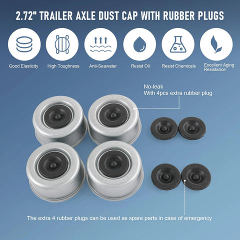 Beefy Heavy Duty Trailer Axle Wheel Hub Dust Cap Set Four Pieces Two Point Seven Two Inch For Most 7000 8000 Lb Wheel Hubs Includes Four Rubber Plugs EZ Lube Dexter Camper RV Bearing Dust Cap with rubber plugs displayed on blue background.