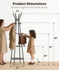 Mother and child using Freestanding Coat Rack With 3 Shelves And 12 Hooks, Motion Sensor Light For Entryway And Living Room, Hall Tree Stand.