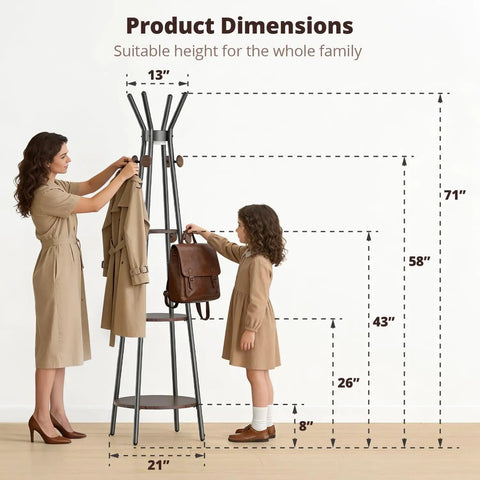 Mother and child using Freestanding Coat Rack With 3 Shelves And 12 Hooks, Motion Sensor Light For Entryway And Living Room, Hall Tree Stand.
