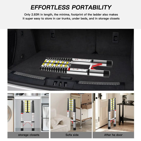 8.5 Ft Telescoping Aluminum Ladder With 330 Lb Capacity, Foldable Retractable Extension Ladder For Home Chores Attic Roof RV And Outdoor Cleaning, Stable Locking System For Safe Easy Climb, folded in SUV trunk