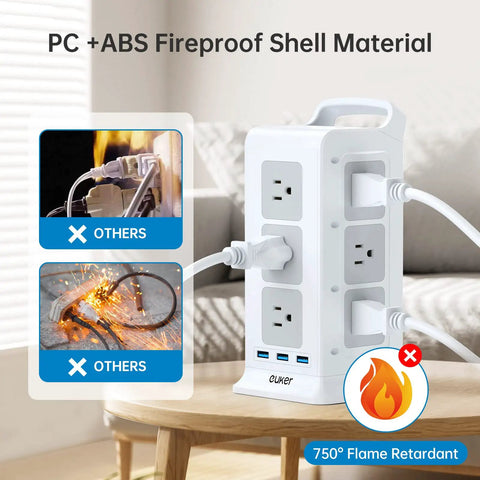 15 In 1 Tower Power Strip with USB and ETL Certified 1800J Surge Protection showing PC+ABS fireproof shell on table