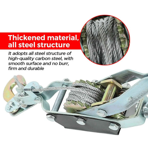 Close-up of Beefy 4 Ton Heavy Duty Dual Gear Come Along Puller With Two Hooks And Steel Cable, showing steel structure.