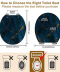 Toilet Seat Round Resin for Bathroom with measurements, showing dimensions: 14.5" x 16.5" and fitting instructions.