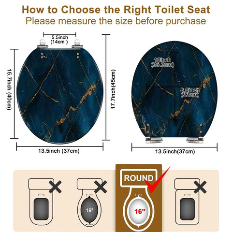 Toilet Seat Round Resin for Bathroom with measurements, showing dimensions: 14.5" x 16.5" and fitting instructions.
