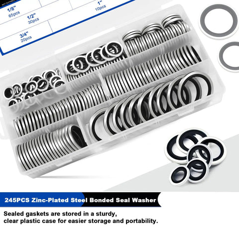 245 Pieces SAE Bonded Sealing Washers Set 7 Sizes NBR Rubber Gaskets Zinc Plated Steel in clear plastic case