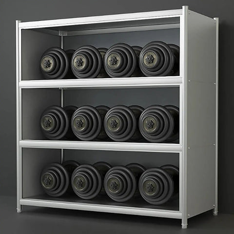 Heavy Duty Stainless Steel Shelving Unit Engineered To Handle Beefy Loads Without Bending Or Sagging Rapid Setup For Kitchen Cookware Garage Gear And Utility Room Organization Stack holding dumbbells.