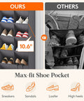 Six Tier Over The Door Shoe Organizer With Deep Fabric Pockets Keeps Your Kicks Neat Holds Up To 12 Pairs Of Sneakers And Boots For Bedroom Closet Or Dorm Room Organization In Gray, showing 10.6 inch deep pockets.