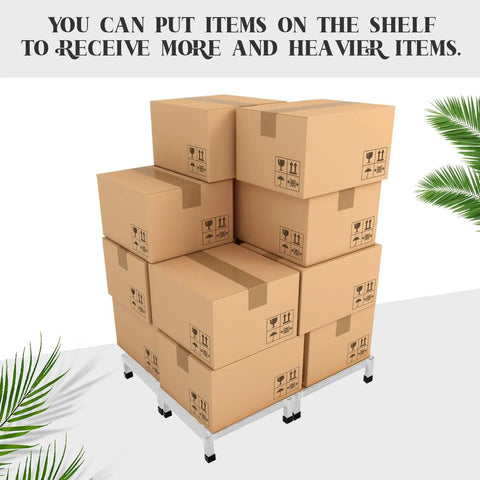 Set Of Two Heavy Duty Stainless Steel Dunnage Racks With 13.8 Inch Long By 13.8 Inch Wide, 3.9 Inch High, 1000 Plus Pound Capacity, holding boxes
