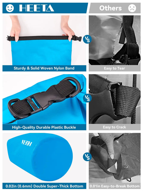 Comparison of Waterproof Dry Bag Roll Top 5L Blue for Travel And Outdoor Adventures vs Others, showing strap, buckle, and bottom thickness differences.