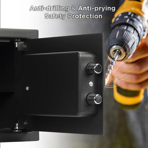 Heavy Duty Cabinet Safe Box With Lock Black Compact Home Safe for cash and valuables shown with anti-drilling safety.