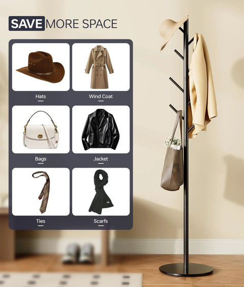 Heavy-Duty Metal Coat Rack With Eight Hooks, Three Adjustable Heights, Modern Hall Tree, Freestanding Clothes Stand With Sintered Stone Base, Black