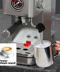 Slick Stainless Steel Espresso Machine serving Hella creamy shots with 20 bar pressure and automatic milk frother in use.