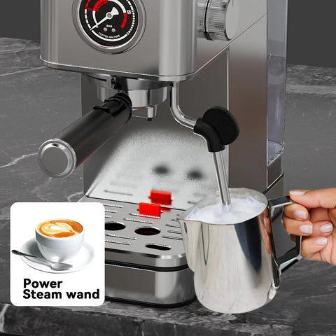 Slick Stainless Steel Espresso Machine serving Hella creamy shots with 20 bar pressure and automatic milk frother in use.