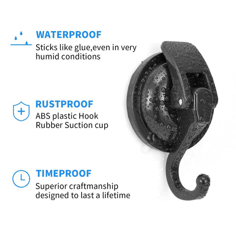 Waterproof black plated polished hook with rustproof ABS plastic and rubber suction cup, no drill wreath cup hook with super suction.