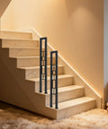 U Shaped Wrought Iron Stair Handrail Featuring Tough As Nails Rectangle Railing With Rock Solid Non Slip Base For Indoor Outdoor Porch Deck Loft Safety Support Two Pack Matte Black installed by staircase with ambient lighting.