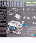 Tin Can Robot Kit For Kids 8 Plus DIY Science STEM Project Built From A Recycled Can To Build A Bug Eyed Robotic Buddy For Boys And Girls Learning Through Play box back with parts diagram