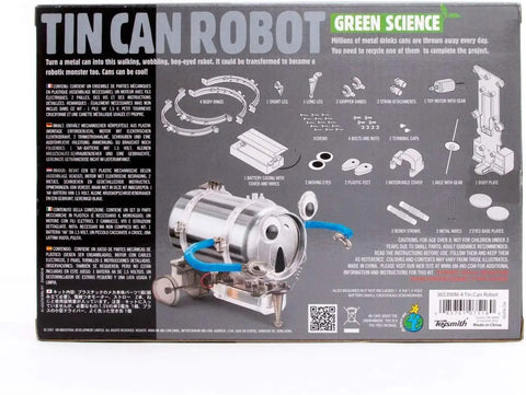 Tin Can Robot Kit For Kids 8 Plus DIY Science STEM Project Built From A Recycled Can To Build A Bug Eyed Robotic Buddy For Boys And Girls Learning Through Play box back with parts diagram