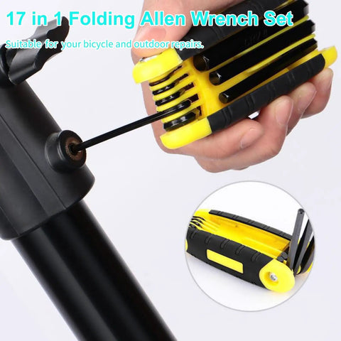 Top Shelf 17 Piece Folding Allen Wrench Set With Flex Head Metric And SAE Hex Keys in use on a bicycle repair.