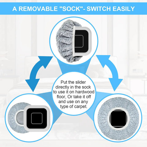 Heavy Duty Furniture Movers And Sliders For Carpet And Hardwood Floors Featuring Reusable Plush Sock Pads in instructional graphic.
