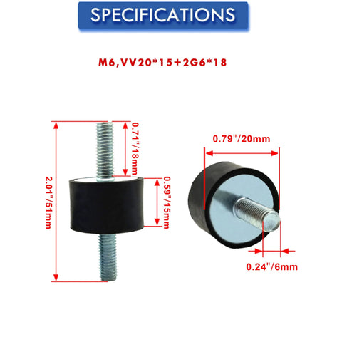 Four Pack M6 20x15mm Rubber Isolator Mounts With Double Studs, Heavy Duty Shock Absorber Dampers, Includes Eight Lock Nuts