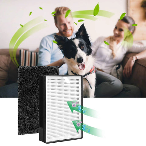 Replacement HEPA Filter Set For Levoit LV H126 With 2 HEPA Filters And 8 Activated Carbon Pre Filters next to dog on sofa