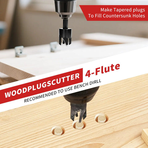 Pro Grade 15 Piece Countersink Drill Bit Set For Woodworking With Nitrided HSS Bits And One Quarter Inch Hex Shank Quick Change Wood Plug Cutters Depth Stop Rings For Woodworking Pros And DIYers Storage Box showing plug cutter in action on wood