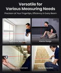 Laser Measurement Tool With 229 Feet Range And Digital Angle Level shown in use for real estate appraisal, interior design, corridor measurement, home renovation