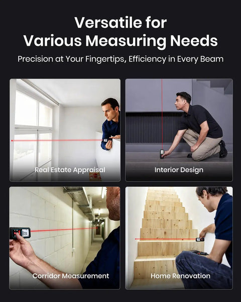 Laser Measurement Tool With 229 Feet Range And Digital Angle Level shown in use for real estate appraisal, interior design, corridor measurement, home renovation