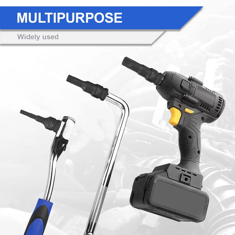 Power tool and manual wrench with eight piece impact torx socket set T30-T80, showcasing versatility in auto and garage use.