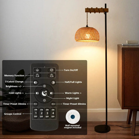 Boho Floor Lamp With Remote For Living Room And Bedroom, Farmhouse Dimmable Rattan Standing Lamp With Bamboo Lampshade, Wood Black Tall Lamp, App Control And Smart Bulb Included, 9W LED, Cozy Warm Glow