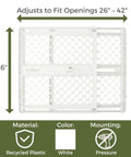 Recycled Plastic Baby Gate Pressure Mounted Doorway Safety Barrier Indoor Outdoor Use No Hassle Setup pure white color and adjustable from 26 to 42 inches