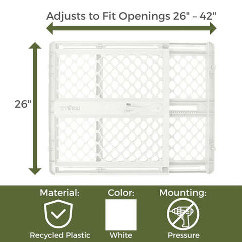 Recycled Plastic Baby Gate Pressure Mounted Doorway Safety Barrier Indoor Outdoor Use No Hassle Setup pure white color and adjustable from 26 to 42 inches
