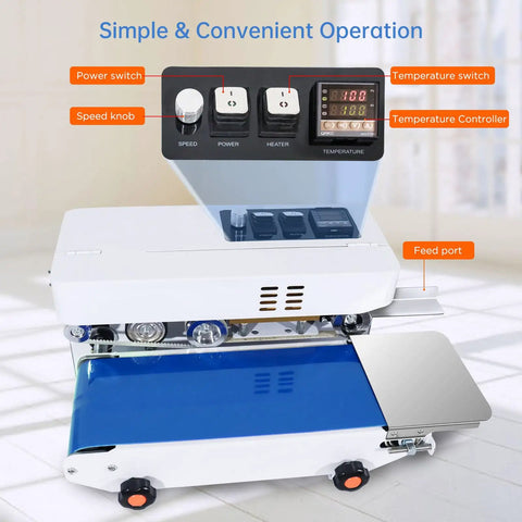 Commercial Heat Sealer For Bags And Films With Digital Temperature Control And Adjustable Speed Continuous Band Sealer Machine Desktop Bag Sealer For Plastic Bags Fast High Speed 16 Meters Per Minute 110V 60Hz showing controls