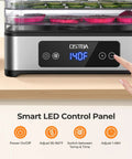 Heavy Duty Five Tray Food Dehydrator With Adjustable Temp Control And Auto Timer for easy temperature adjustment on LED display.