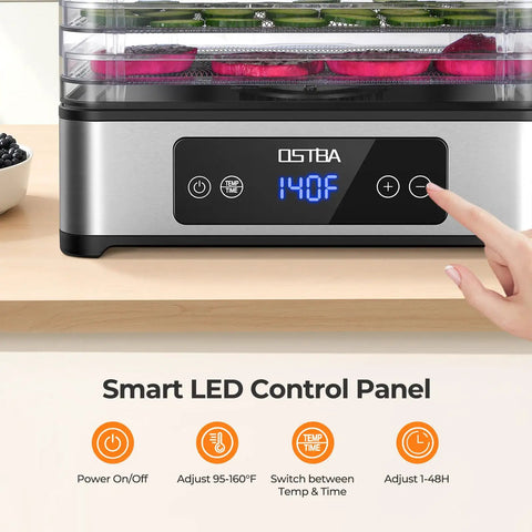 Heavy Duty Five Tray Food Dehydrator With Adjustable Temp Control And Auto Timer for easy temperature adjustment on LED display.