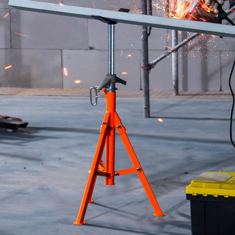 Front view of orange steel pipe stand with adjustable threaded center and V-head on tripod base