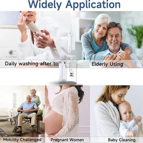 Portable Bidet For Travel And Daily Use With High Pressure Stream 350ml Tank in various everyday applications including elderly and baby care.