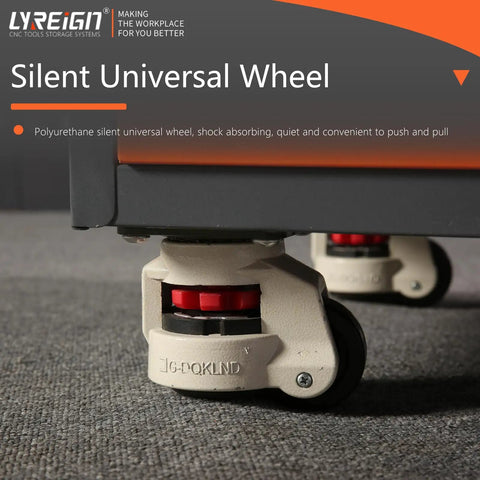 Close-up of silent universal wheel on heavy duty mobile tool storage organizer with light strip CNC tool rack and screw cabinet.