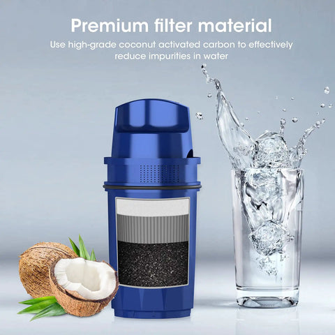 CRF-950Z Water Filter Jug Replacement 3-Pack with coconut carbon next to a glass of water and coconut.