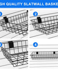 Four Pack Extra Large Slatwall Baskets For PVC Slatwall Panels Hanging Wire Storage Bins 24 By 12 By 4 Inches Ventilated Organizer Bins For Kitchen And Home Use shown in various views.