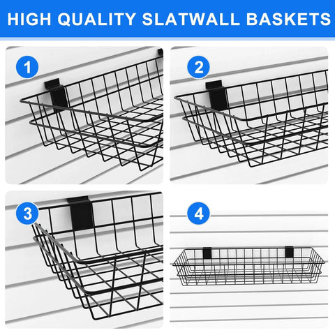 Four Pack Extra Large Slatwall Baskets For PVC Slatwall Panels Hanging Wire Storage Bins 24 By 12 By 4 Inches Ventilated Organizer Bins For Kitchen And Home Use shown in various views.