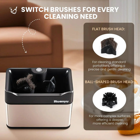 Automatic Portafilter Washer With Three Liter Tank Efficient Three Way Valve Rapid Drainage shown with flat and ball-shaped brush heads.