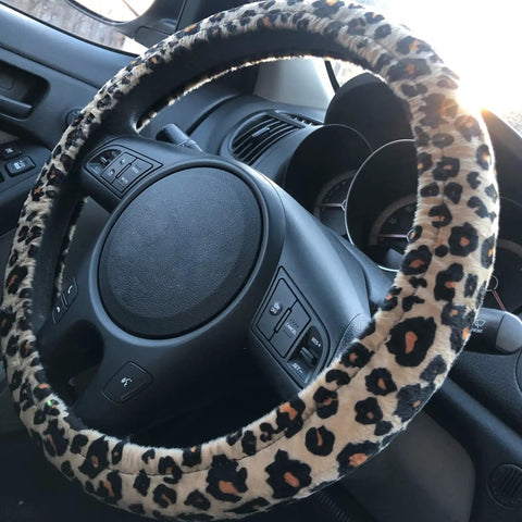 Leopard Cheetah Print Car Seat Covers Full Set With Steering Wheel Cover And Two Seat Belt Pads Universal Fit in car interior