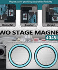 Heavy Duty Magnetic Drill Press showing 4045lbf two stage magnet for industrial use in various orientations.