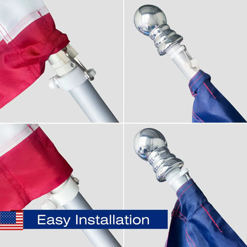 Close-up of USA Flag 2.5x4 Ft Pole Sleeve Banner Style With Embroidered Stars And Sewn Stripes installation on pole, heavy duty polyester